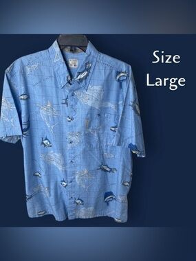 COLUMBIA River Lodge Fish Print Pocket Button Shirt Mens Size L Sky Blue
